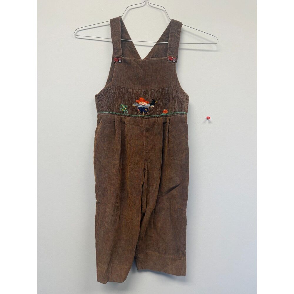 Vintage Handmade Kids Corduroy Overalls 4T Scarecrow Embroidered Tractor Buttons